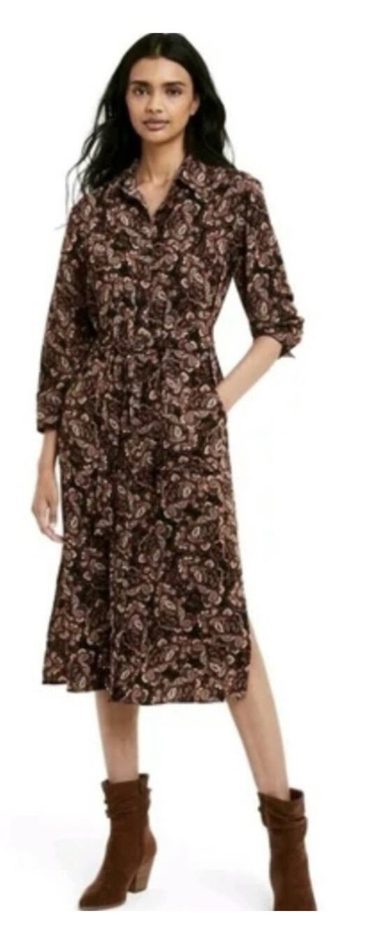 Nili Lotan Target Paisley Long Sleeve Midi Shirt Dress Boho Small Brown Black